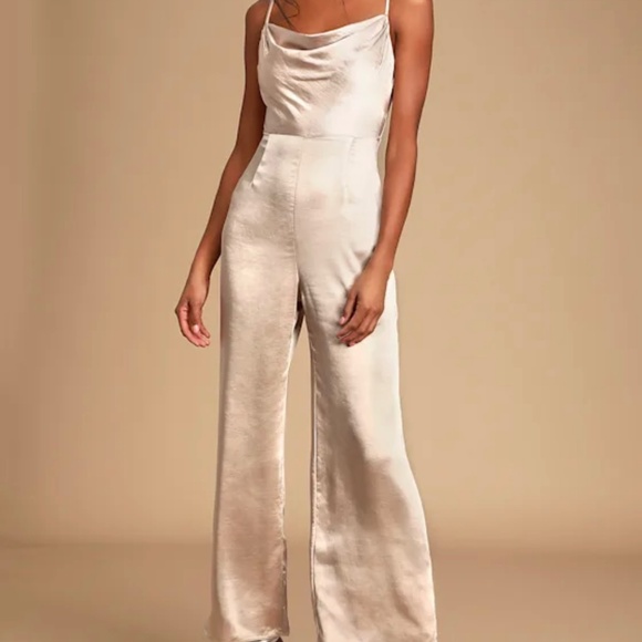 Lulus Perfect Night Champagne Satin Cowl Neck Culotte Jumpsuit - Picture 2 of 4